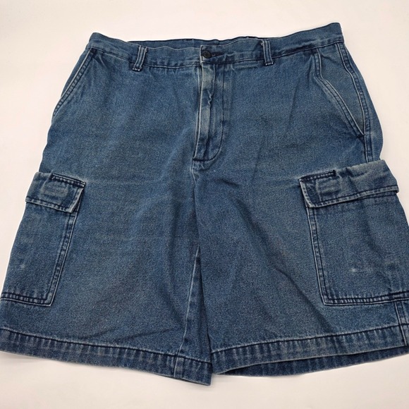Dockers Other - Dockers Cargo Shorts Men 34 Blue Denim Relaxed Fit Flat Front 100% Cotton Casual